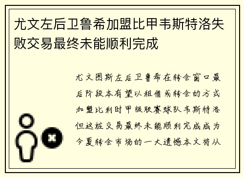 尤文左后卫鲁希加盟比甲韦斯特洛失败交易最终未能顺利完成